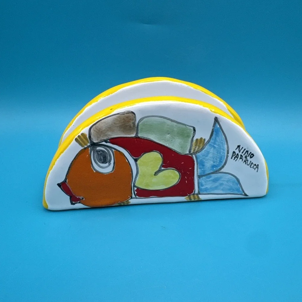 Nino Parrucca Napkin Holder or Letter Holder w Fish Art Pottery Made In Italy‎